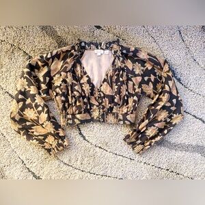 Anthropologie Black Floral Puff-Sleeved Blouse  Size S Button Front Vneck NWOT